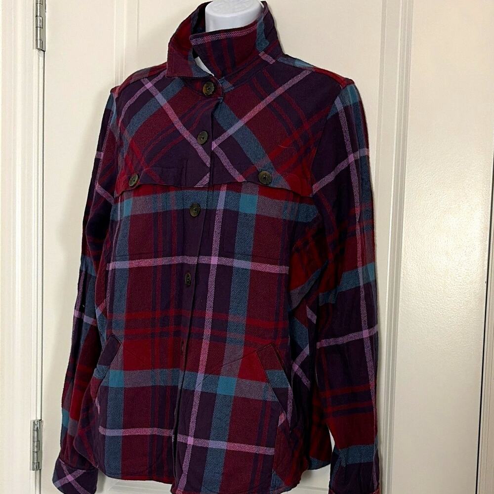 The Vermont Country Store Plaid Cotton Button Front Collared Jacket Women's L